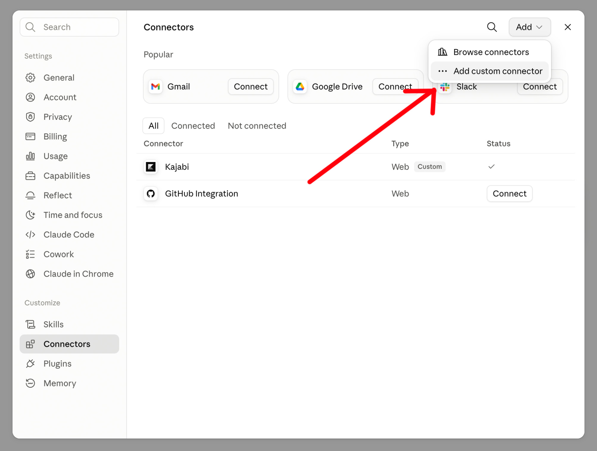 Claude Connectors page with the Add menu open showing Add custom connector