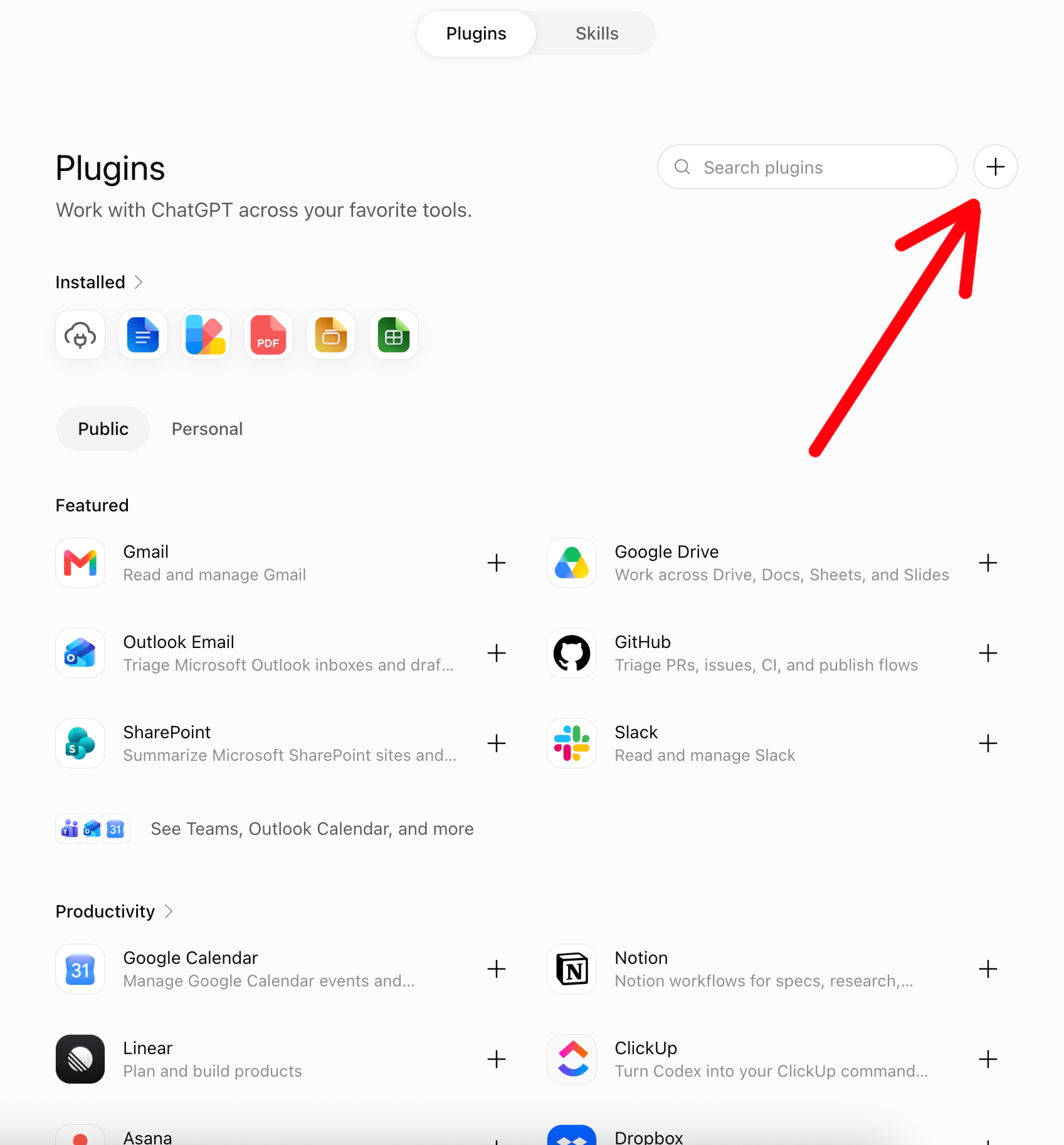ChatGPT Plugins page with the plus button in the top right