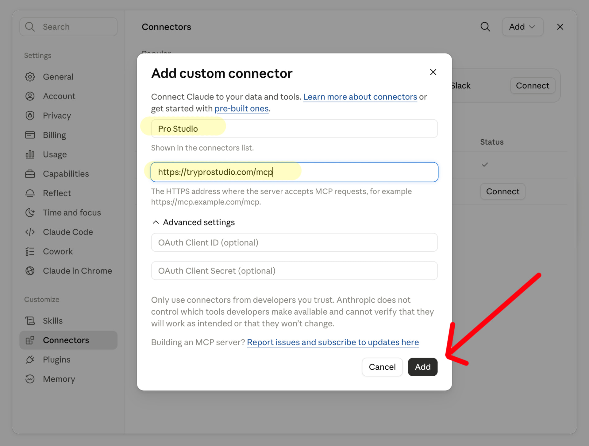 Claude Add custom connector dialog with Pro Studio and the /mcp URL filled in