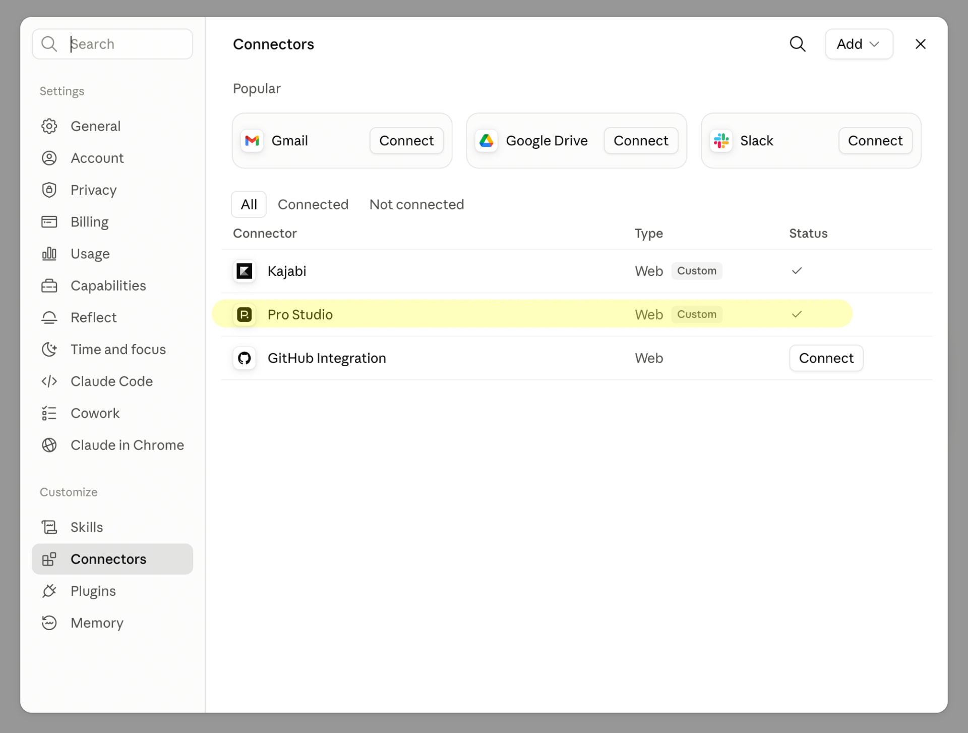 Claude Connectors list showing Pro Studio with a checkmark