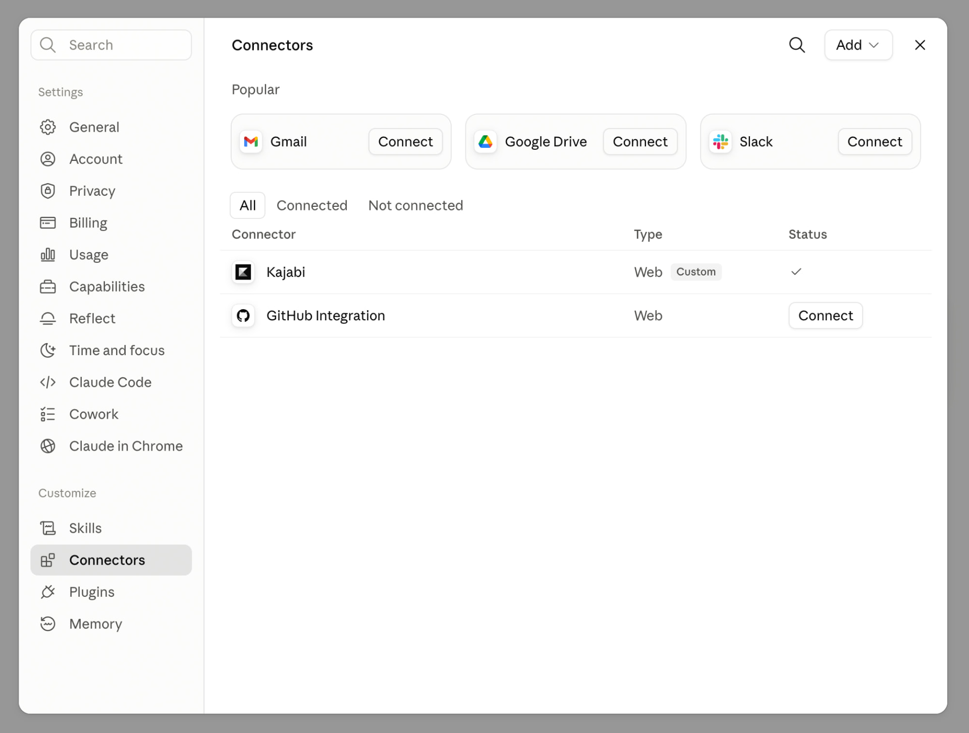 Claude settings with the Connectors section open