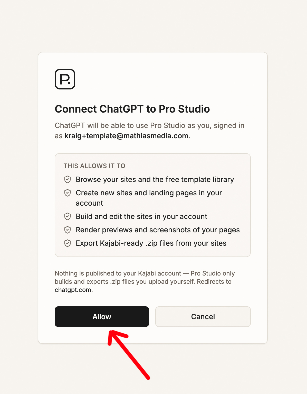 Pro Studio consent screen listing the access ChatGPT is granted, with an Allow button