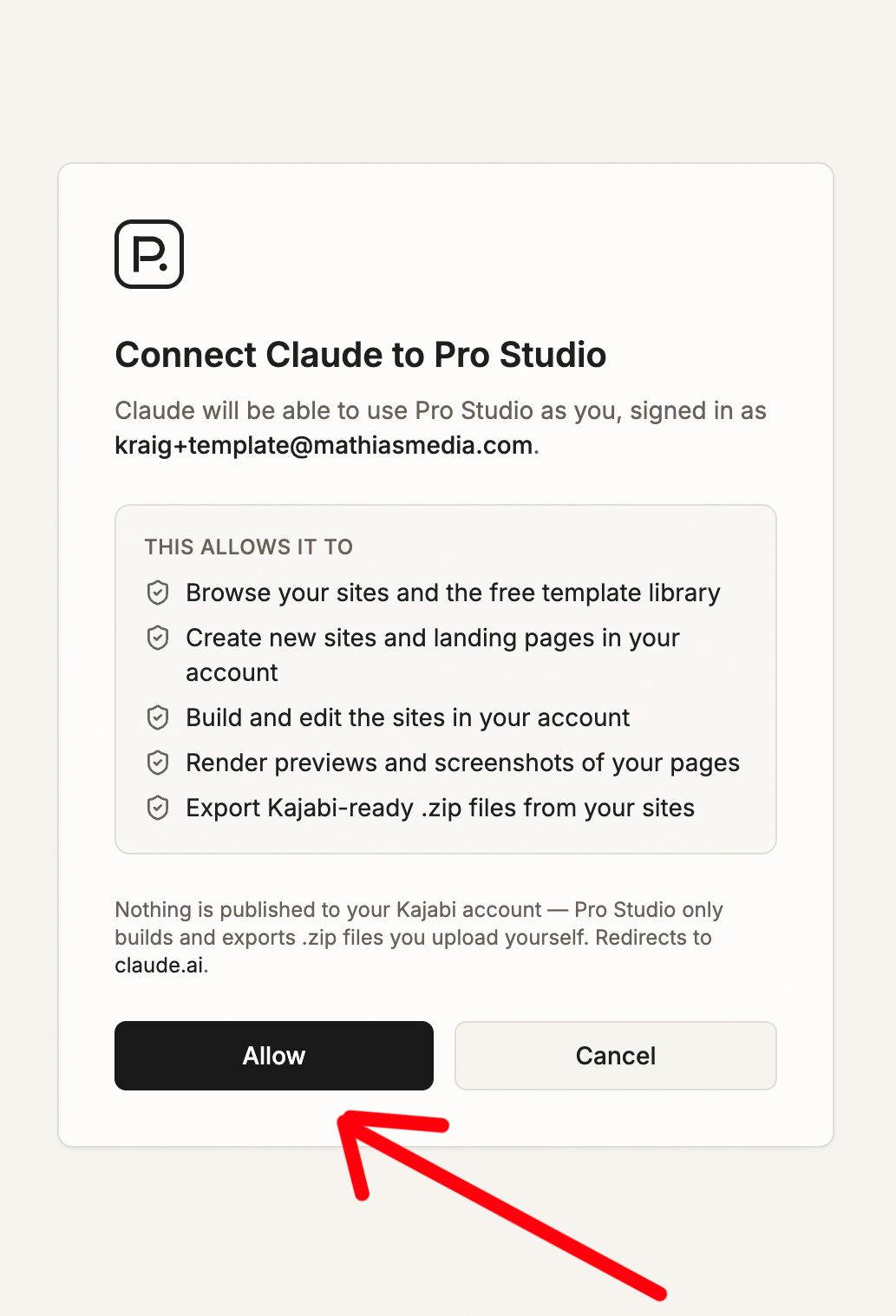 Pro Studio consent screen listing the access Claude is granted, with an Allow button