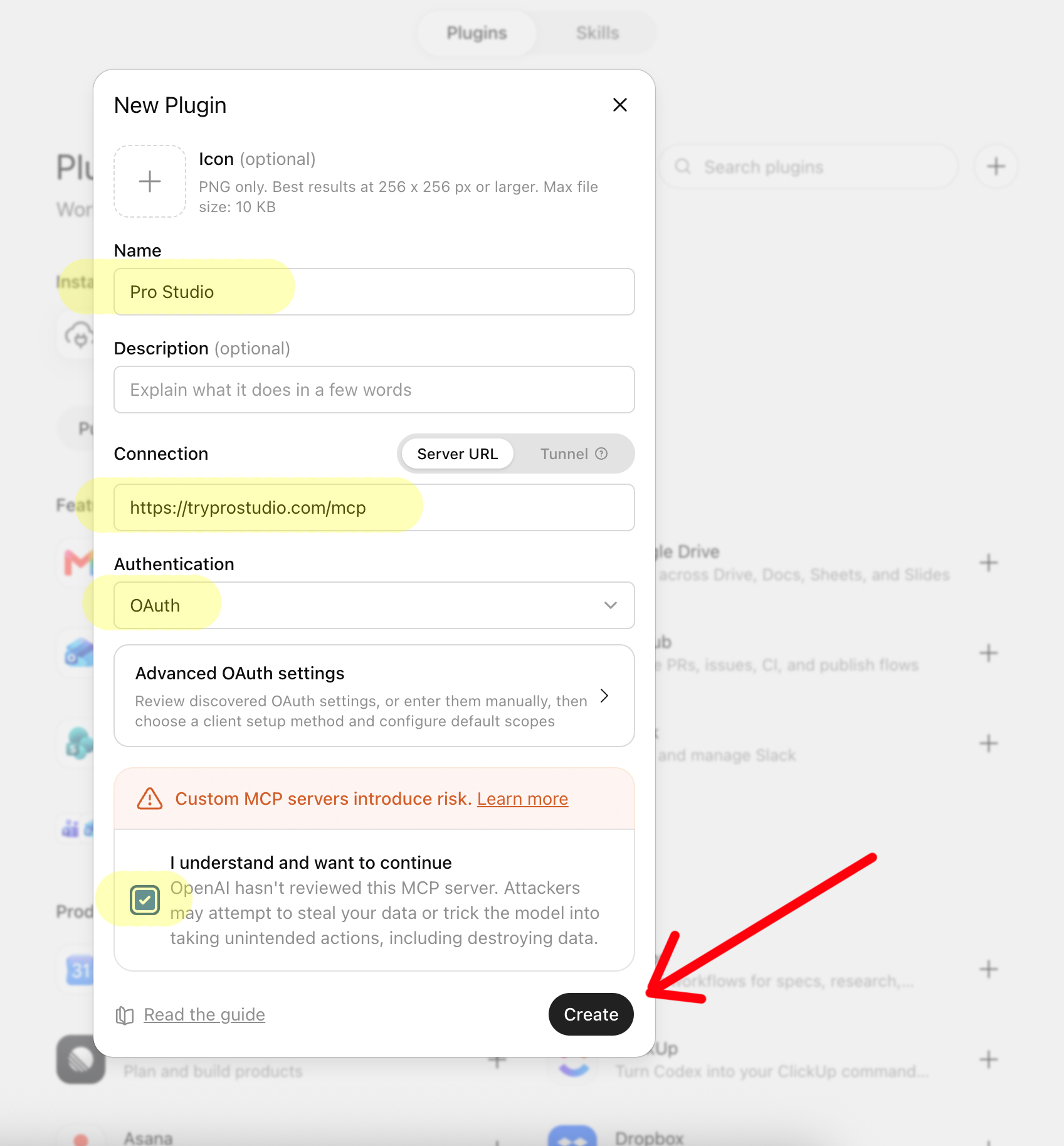 ChatGPT New Plugin dialog with Pro Studio name, the /mcp server URL, and OAuth authentication