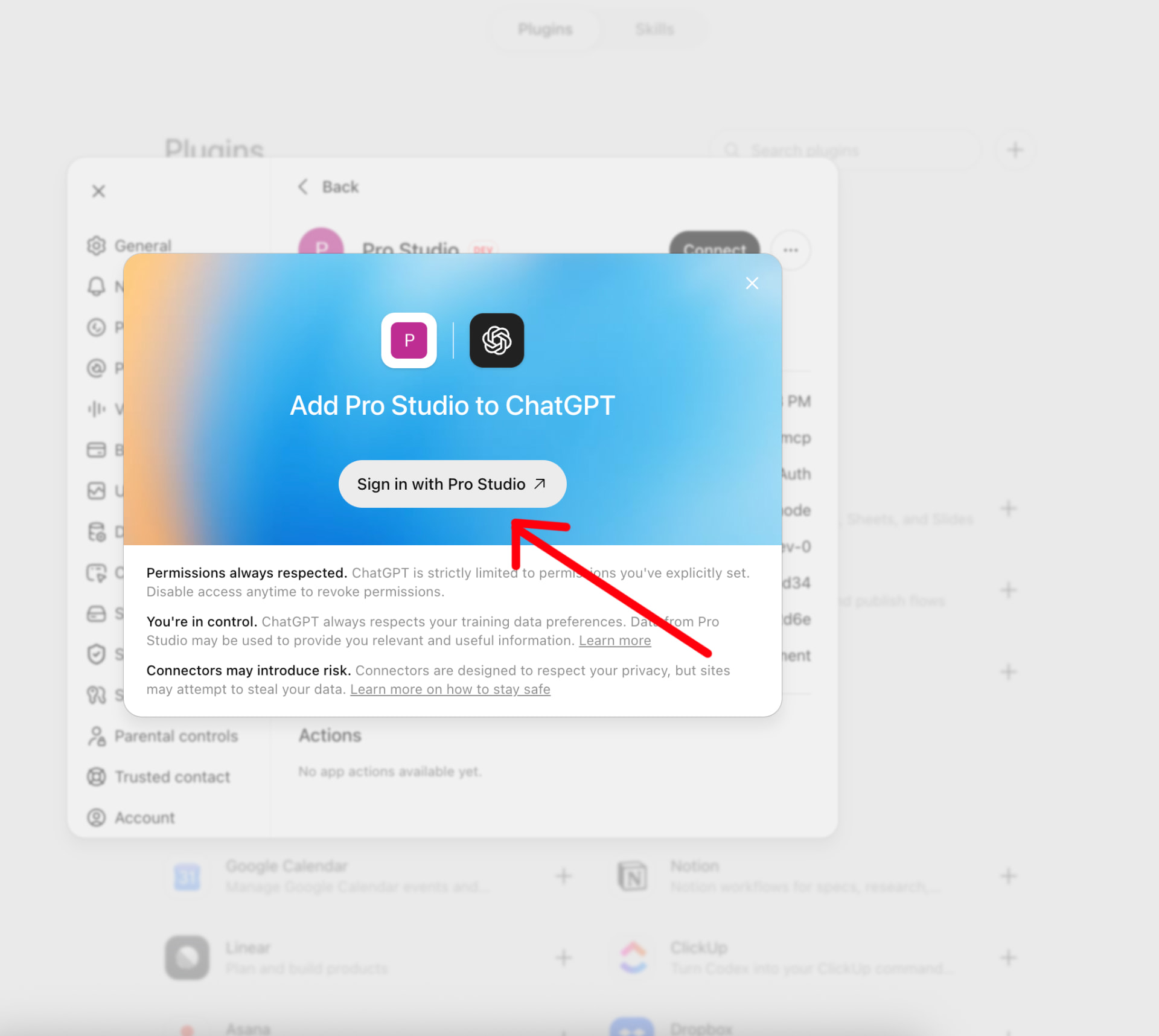 ChatGPT popup with the Sign in with Pro Studio button