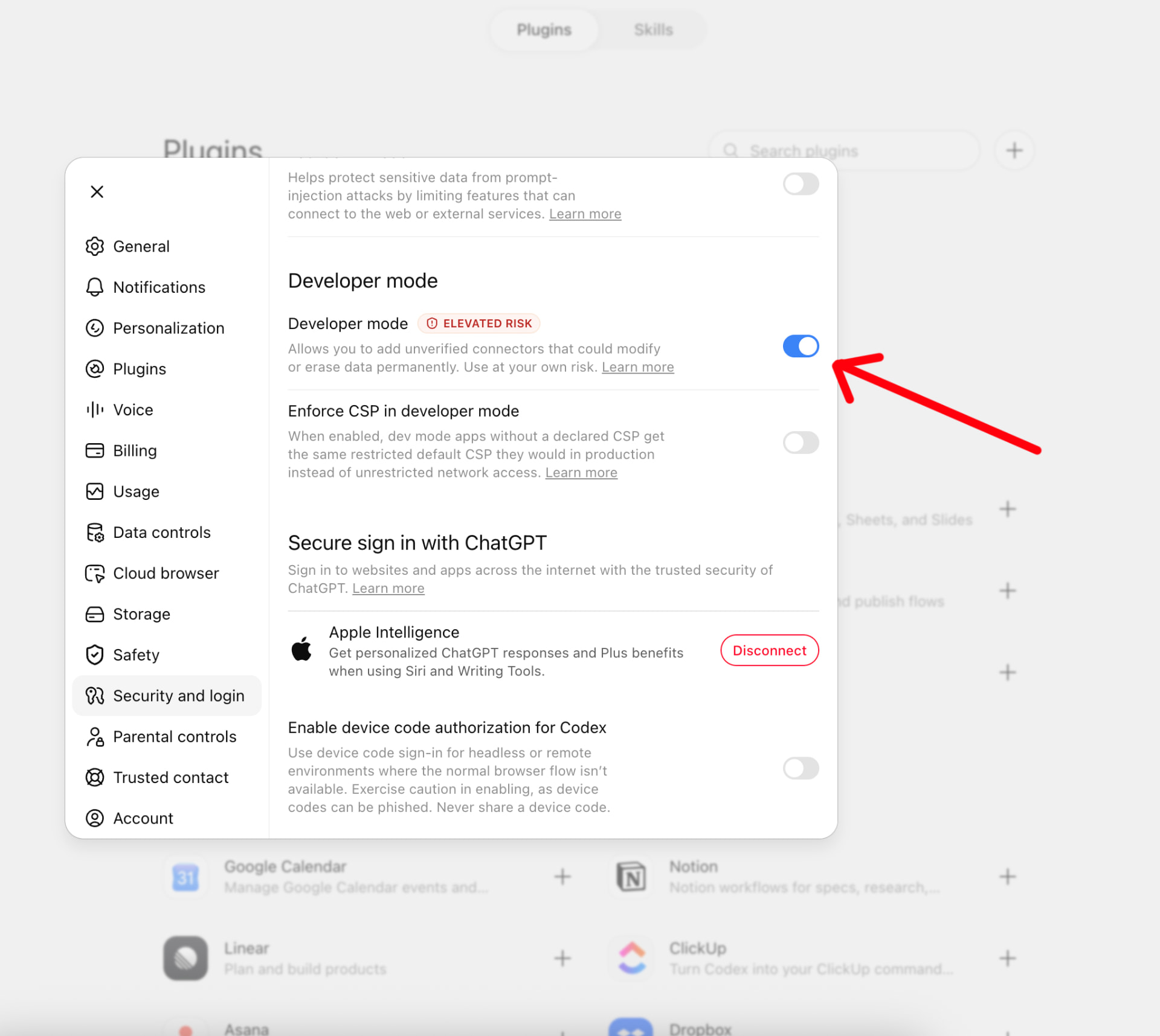 ChatGPT Security and login settings with the Developer mode toggle switched on